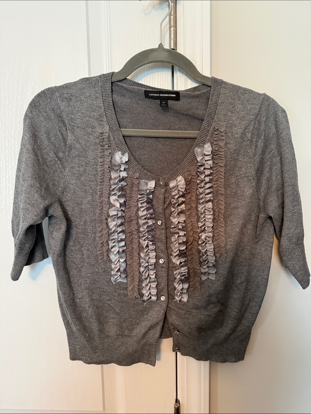Express Design Studio Heather Gray Knit Cardigan with Ruffle Trim